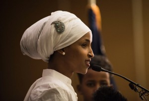Ilhan Omar, a Democratic candidate for state representative in Minnesota, gives an acceptance speech on election night in Minneapolis. 